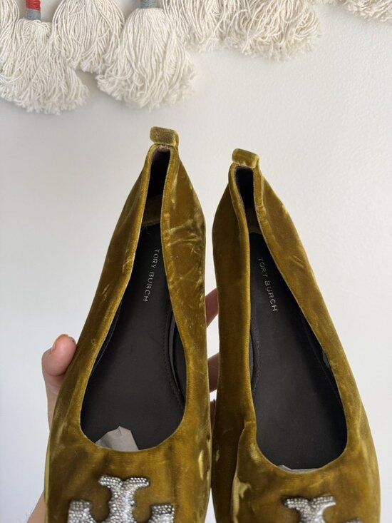 Tory Burch Eleanor Pave Crystals Ballet Flats Olive Green Velvet Square Toe 10 - Picture 6 of 10